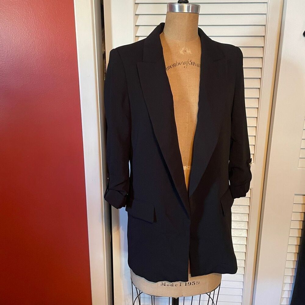 ZARA | black open front ruched sleeve blazer L NWT $70 - Picture 2 of 10